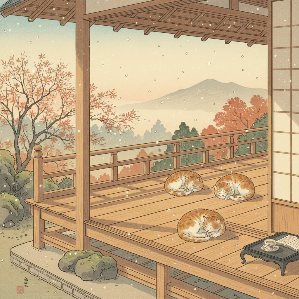 薄雪の気配漂う縁側で、陽だまりに丸まる猫たちの静かな情景