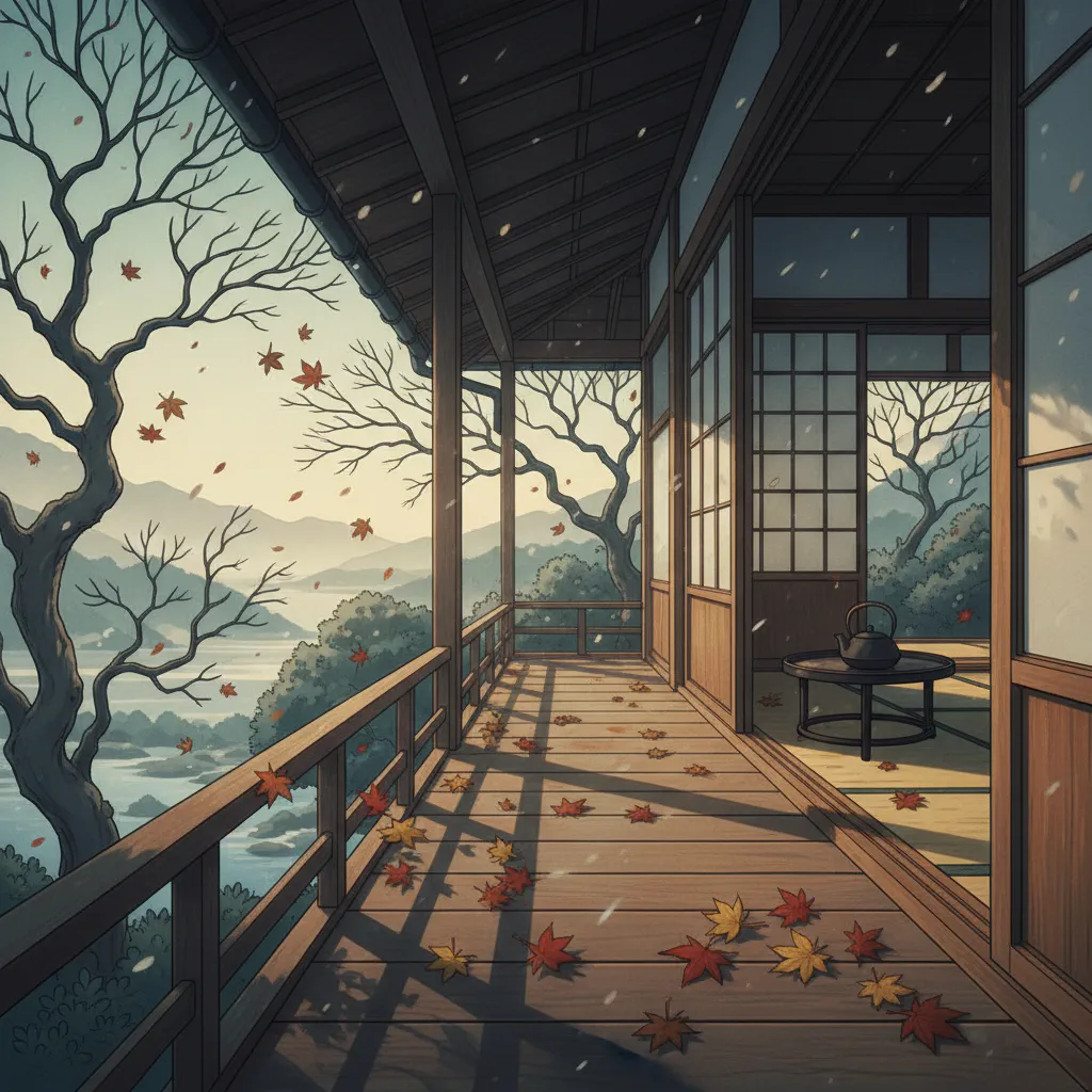 冬枯れの木立を背景にした伝統的な日本家屋の縁側の穏やかな光景