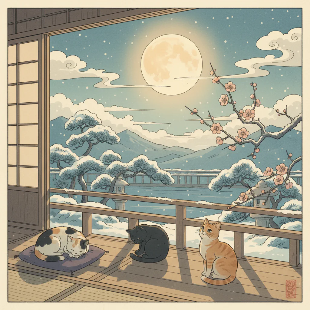 冬の満月の夜、縁側にひそやかに佇む猫たちと月明かりの情景