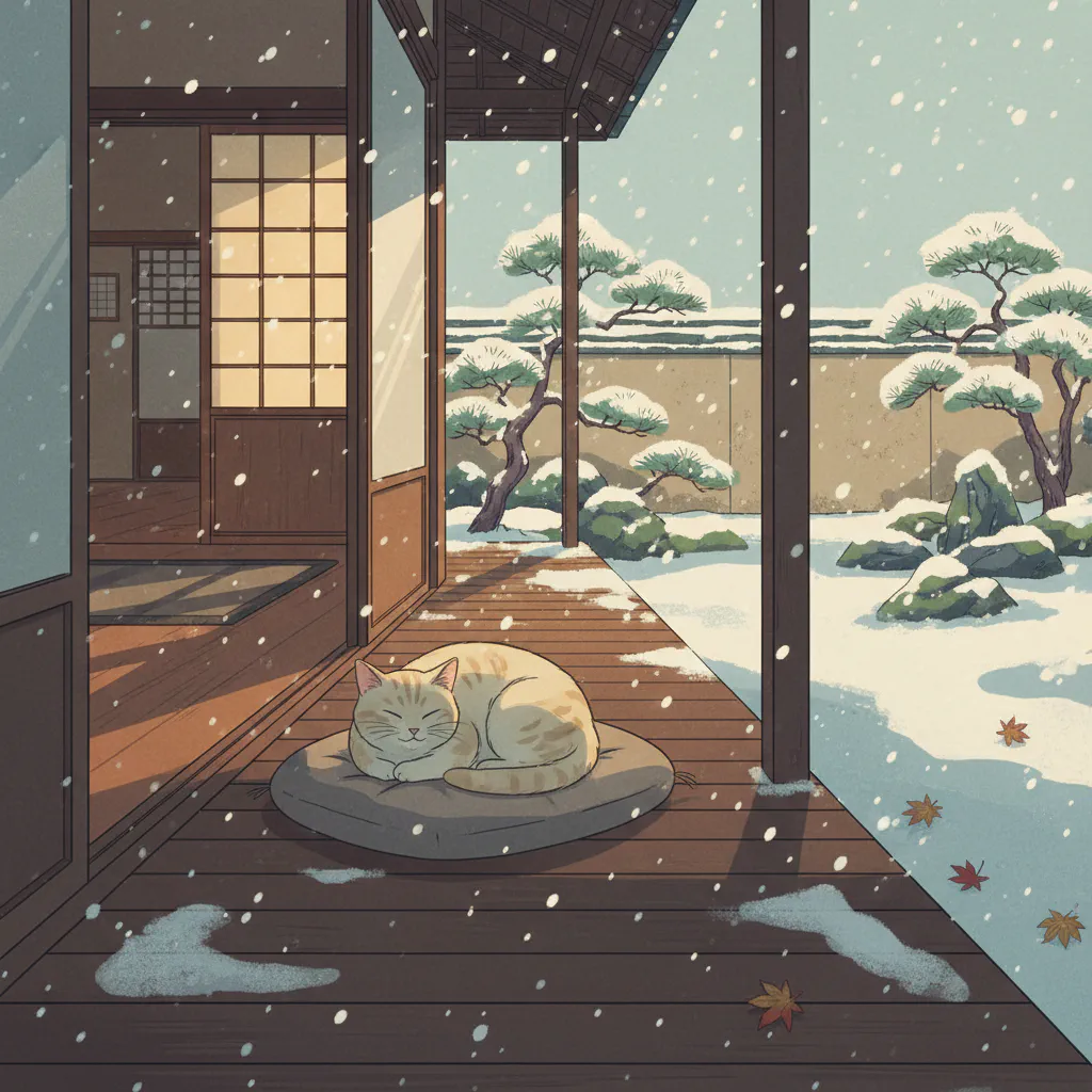 雪の舞う縁側に光が差し込み、猫が静かに寛ぐ冬の風景