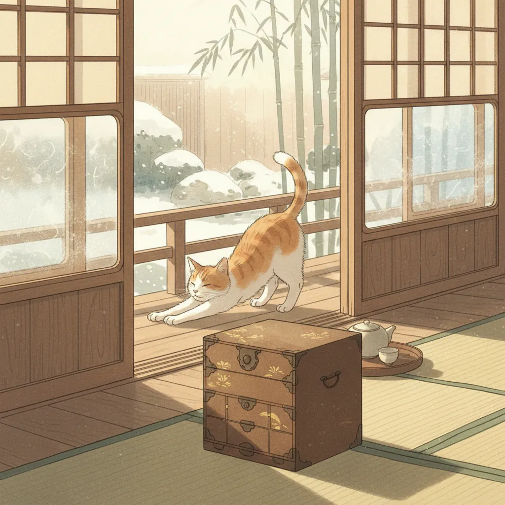 縁側の冬の朝、猫が日向で伸びる様子と窓辺の光と影。