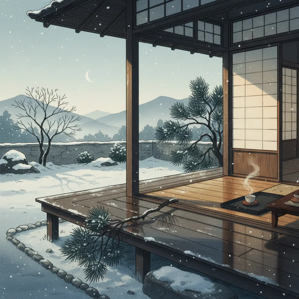 冬の暖かな縁側、静けさが漂う情景。