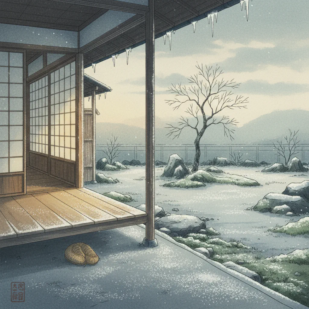 冬の縁側、霜が降りて静けさが漂う情景。