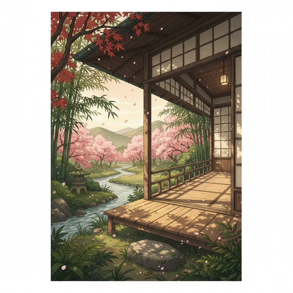 ふかふか屋敷の静かな縁側と自然の風景