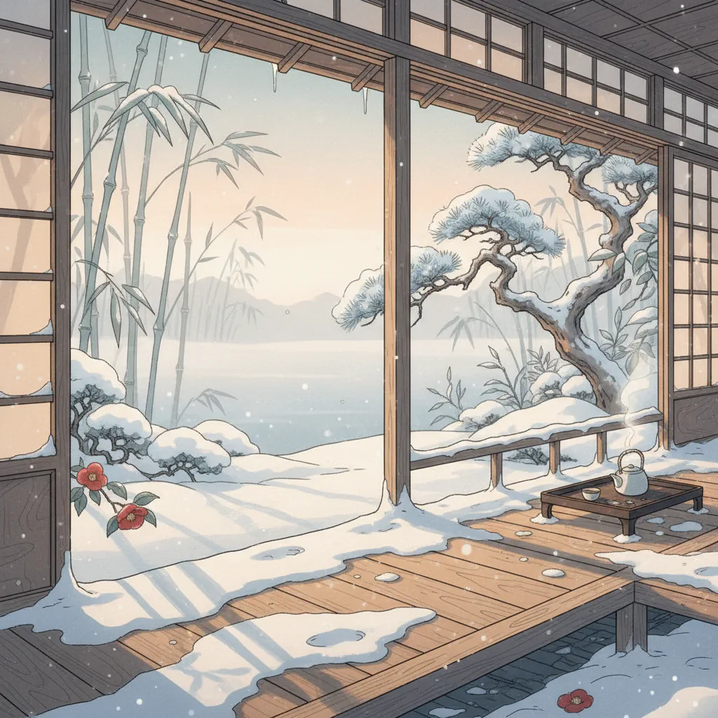 雪に覆われた和風の縁側。静けさが漂う情景。