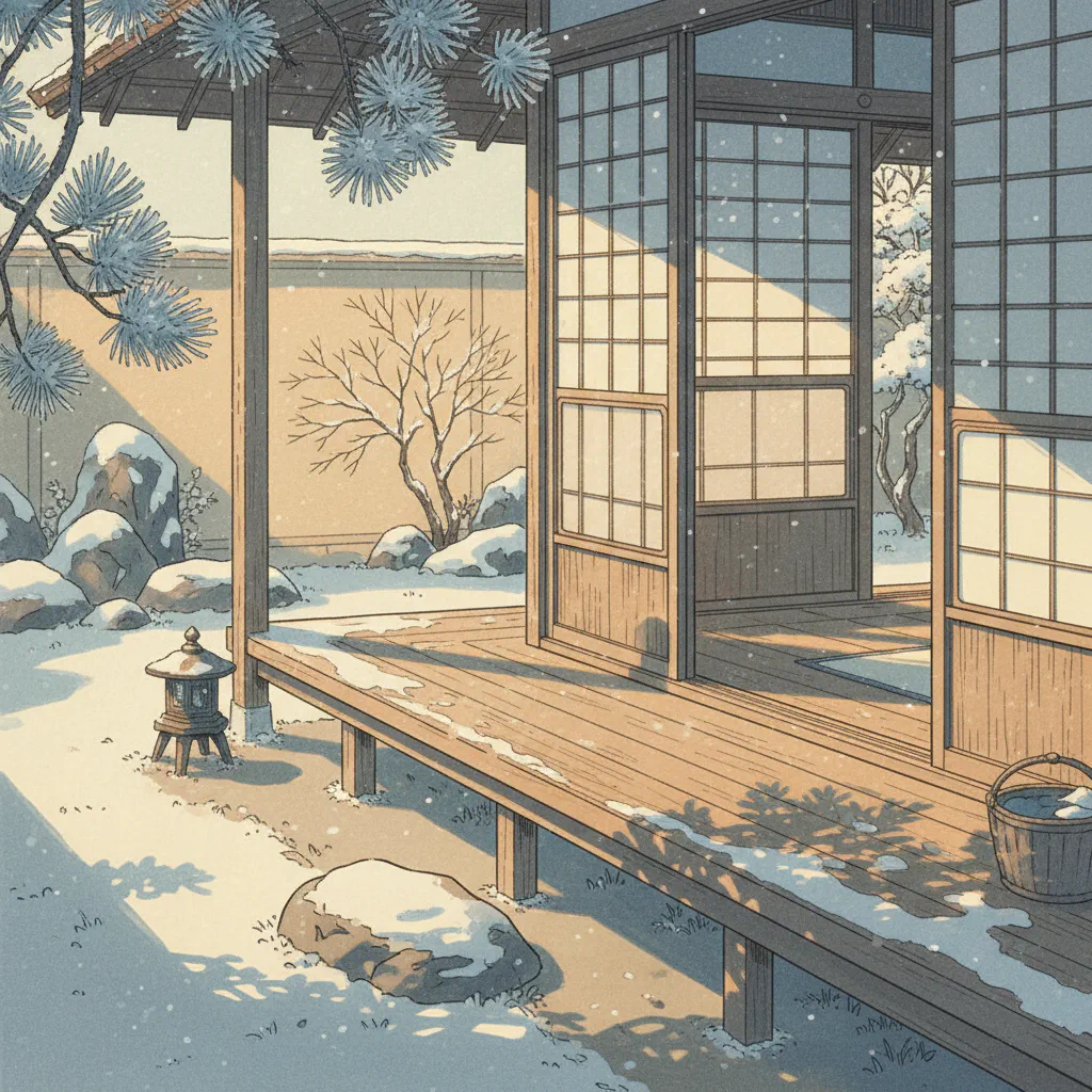 冬の温かな光が縁側を包む静かな情景