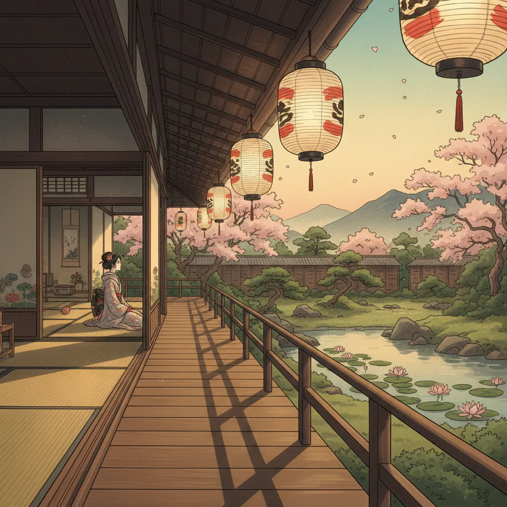 節分を迎えた屋敷の縁側、優しい日差しが差し込む様子。