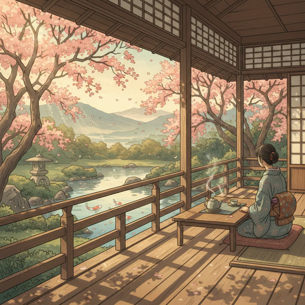 縁側に差し込む朝日と、穏やかな春の気配が感じられる静かな情景