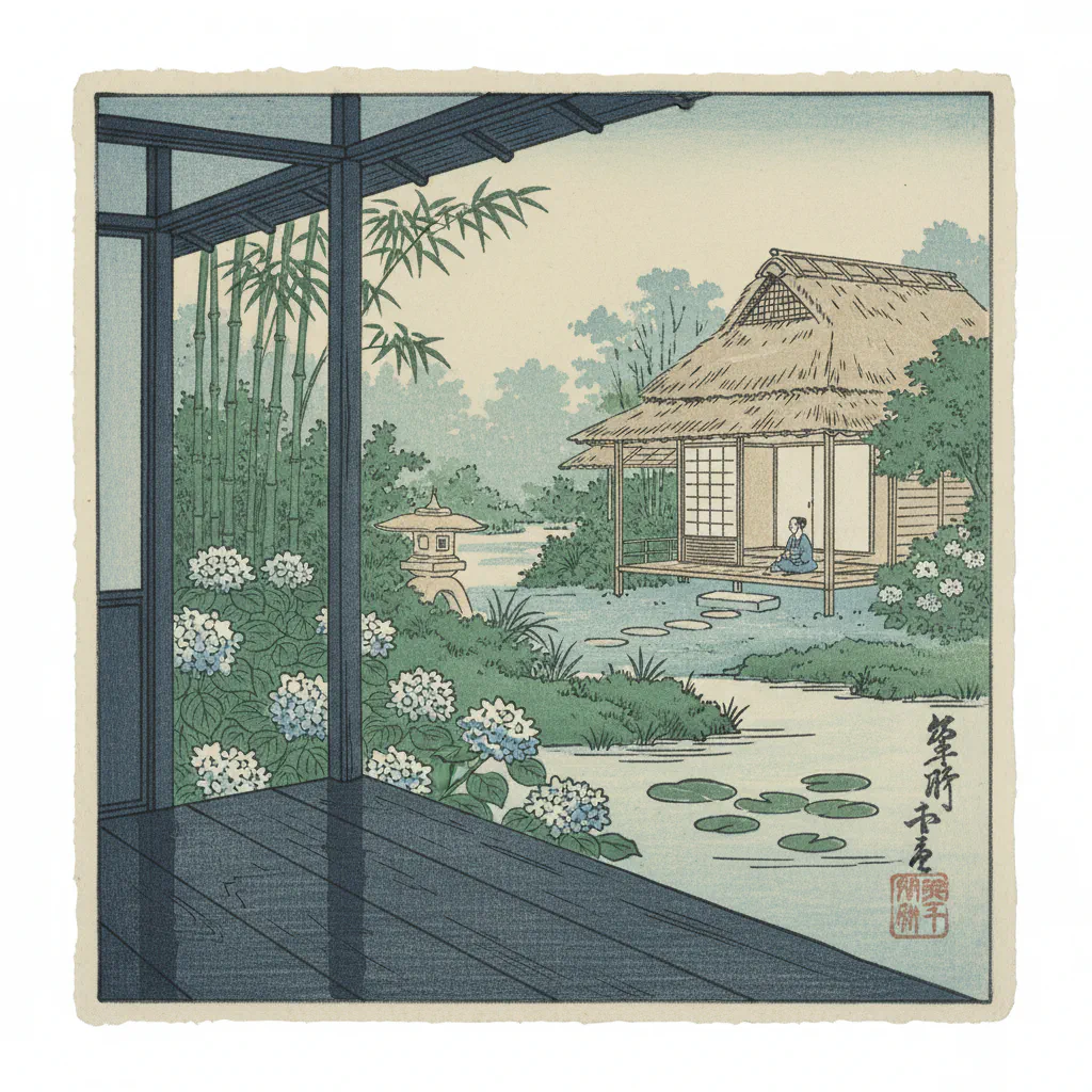 縁側から見える穏やかな冬の景色、春の予感を感じさせる。