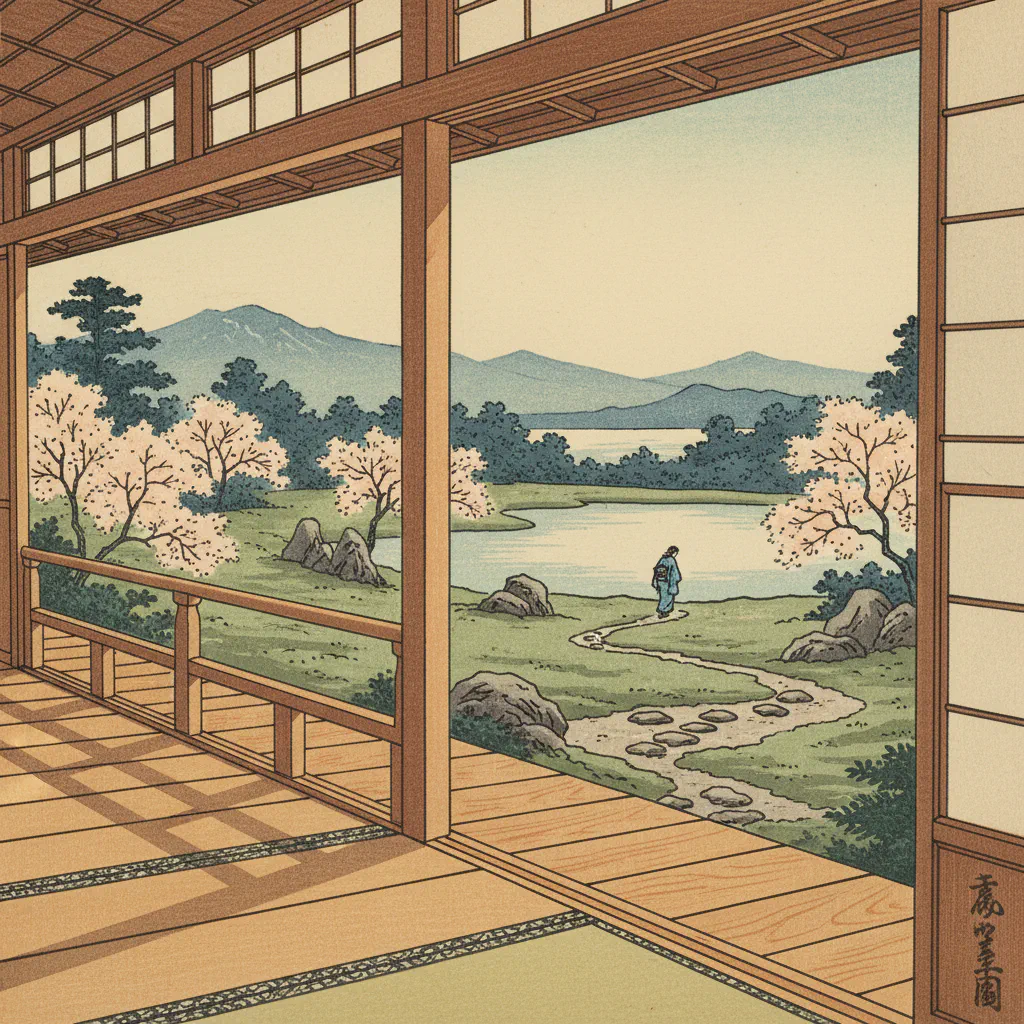 伝統的な日本家屋の縁側、穏やかな朝の光と影の織りなす美しい景色。