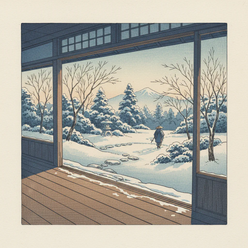 冬の縁側で柔らかな光が差し込む静かな景色