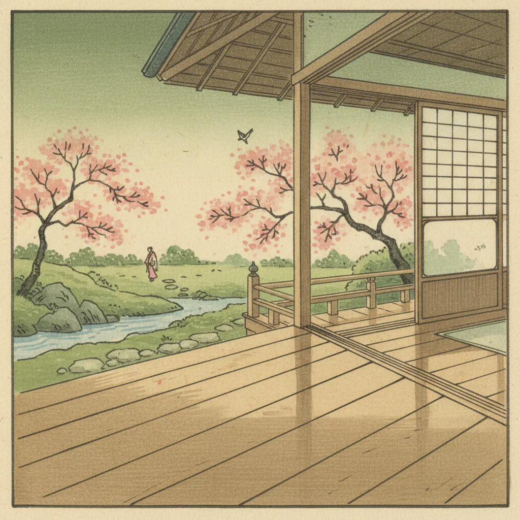 静かな縁側から見る新月の光と風景。