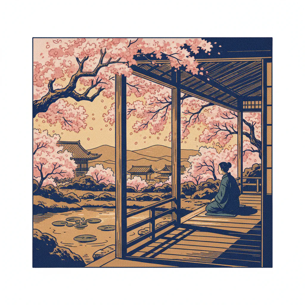 縁側に広がる春の光景、桜の花が静かに揺れている。