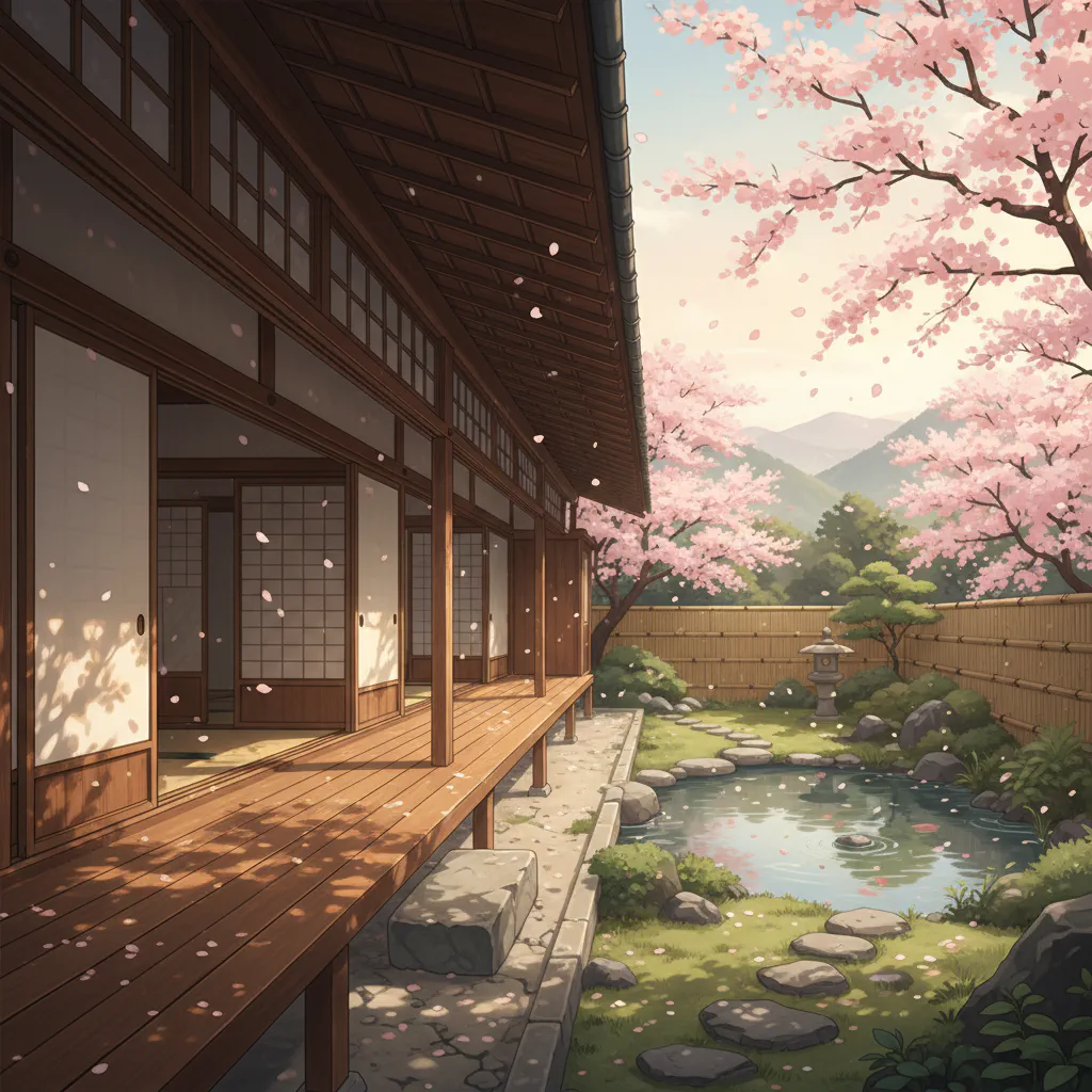 春の穏やかな昼下がり、縁側に座る猫とまどろむ光景。