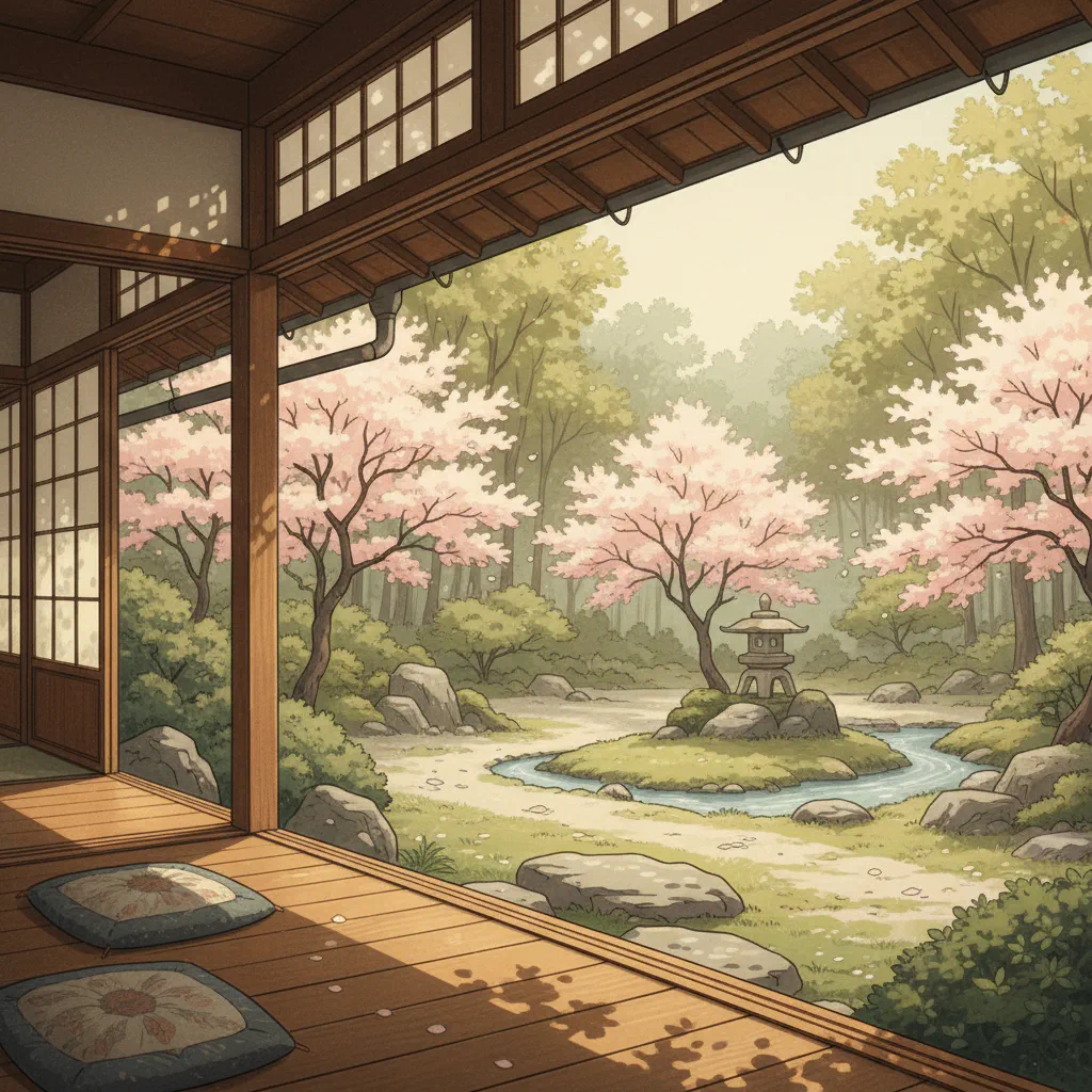 春の光が優しく降り注ぐ、屋敷の縁側の静かな情景。