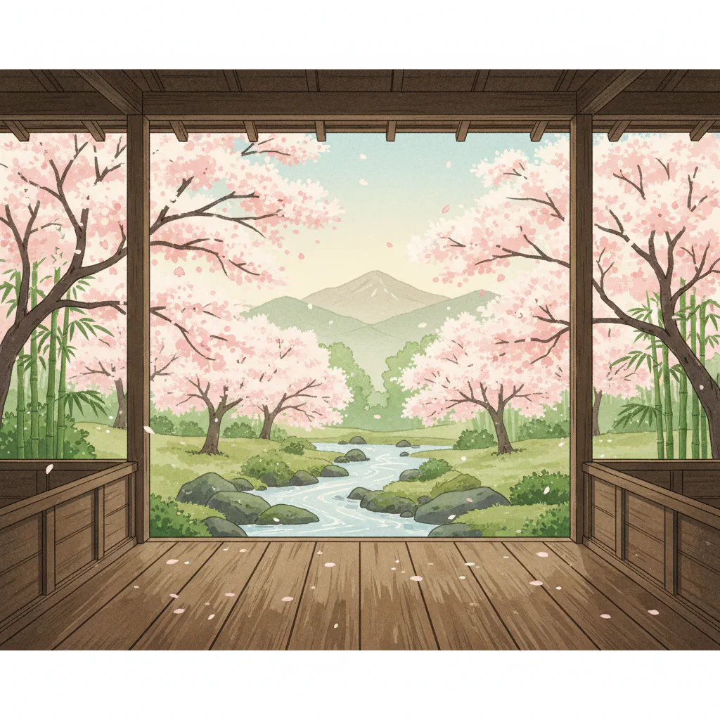 静かな春の縁側。桜の花が舞い散る光景。