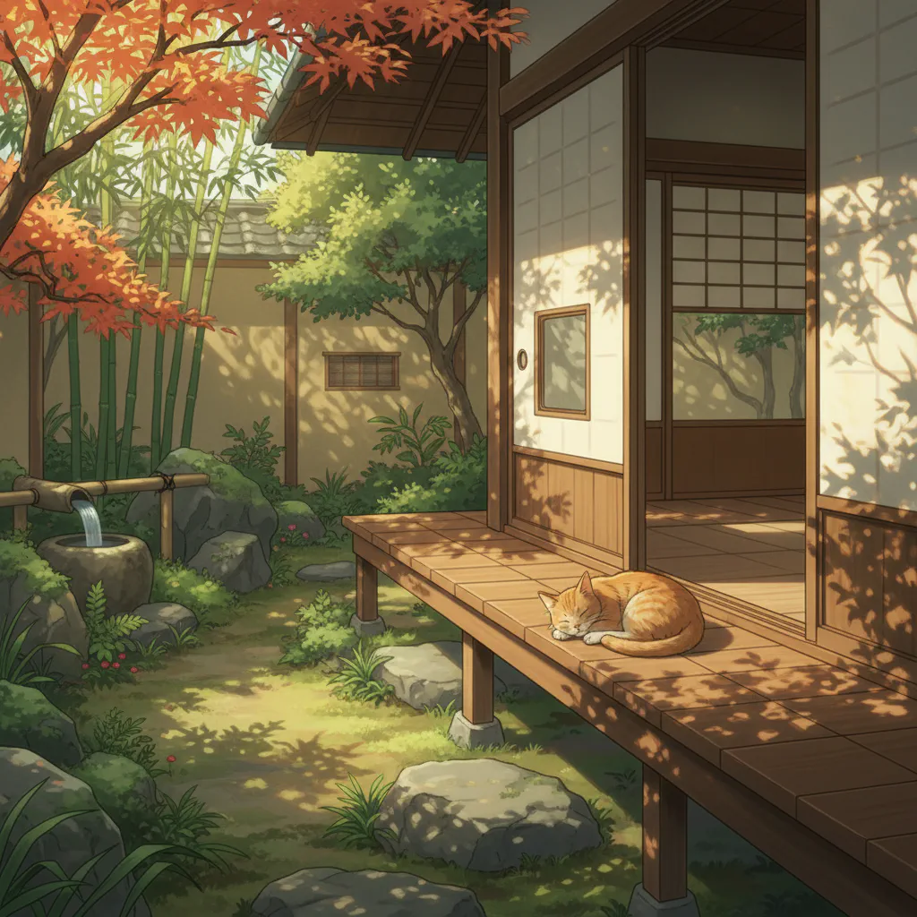 陽だまりでくつろぐ猫と清々しい春風のある静かな縁側の情景。