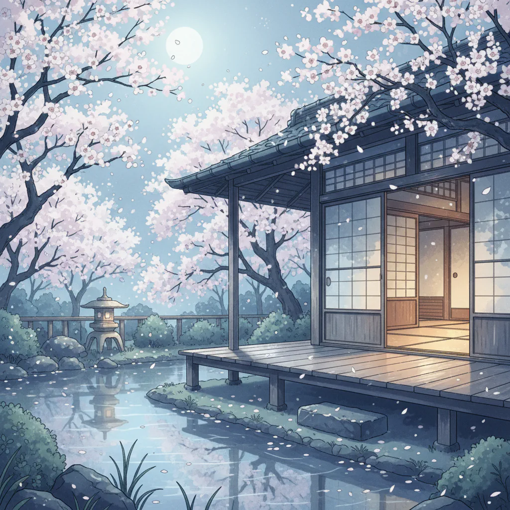 月明かりに包まれた縁側と春の桜。静かな情景の中に佇む。