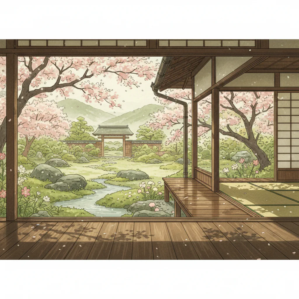 春の柔らかな光が差し込む縁側、猫の影が映る静かな風景。