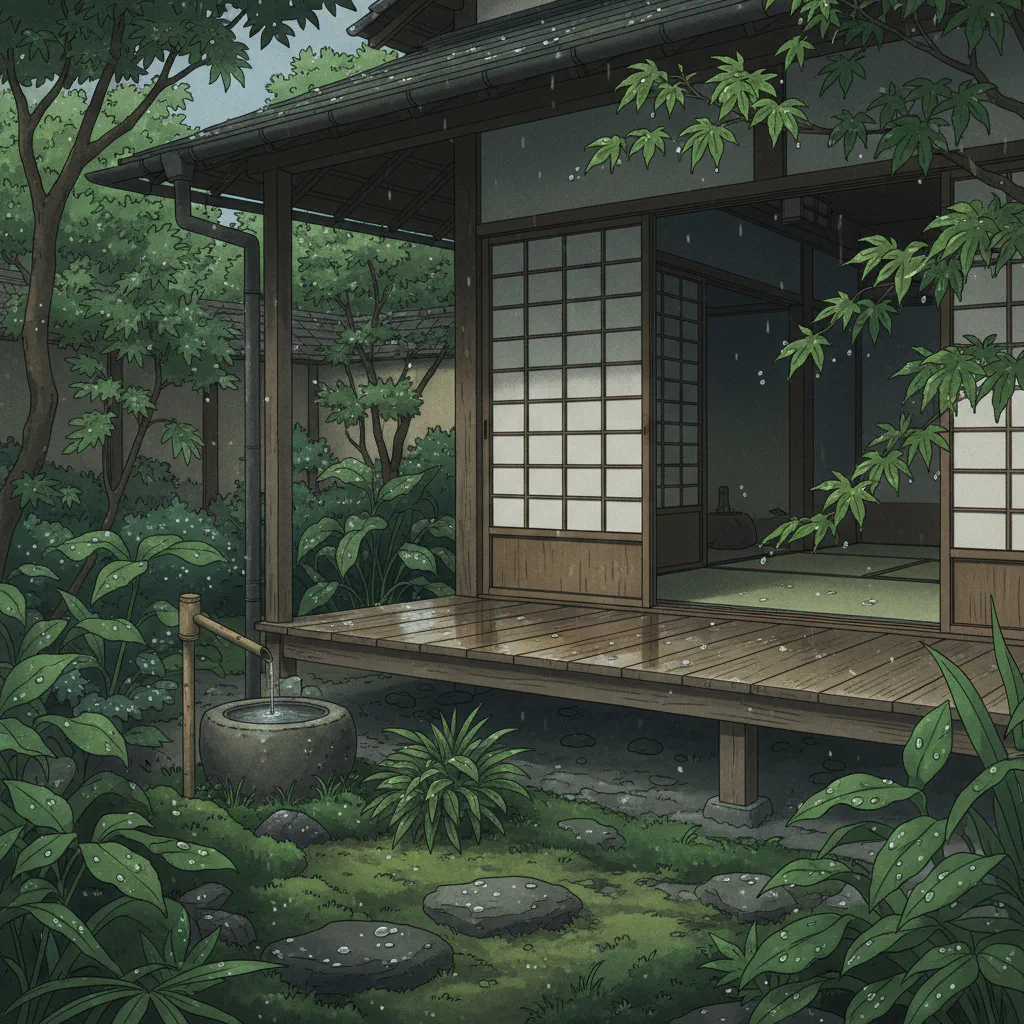 穀雨の朝、しっとりとした縁側の風景