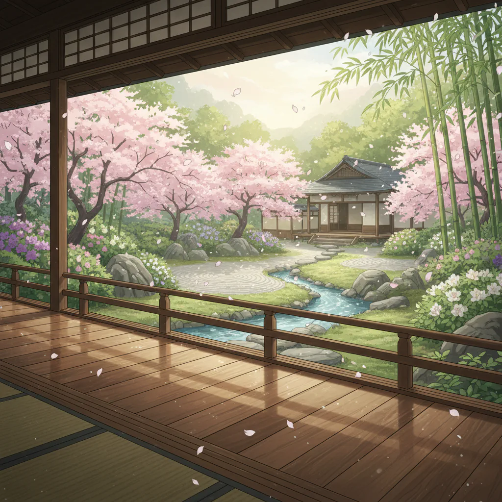 春の光が差し込む静かな縁側の様子。