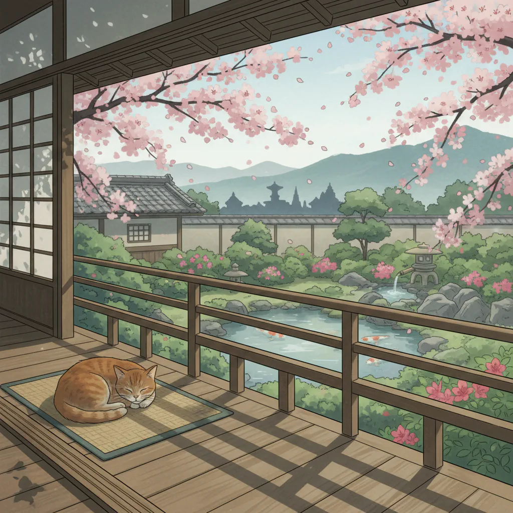 春のやわらかな光に包まれた縁側で、猫がのんびりとした様子。