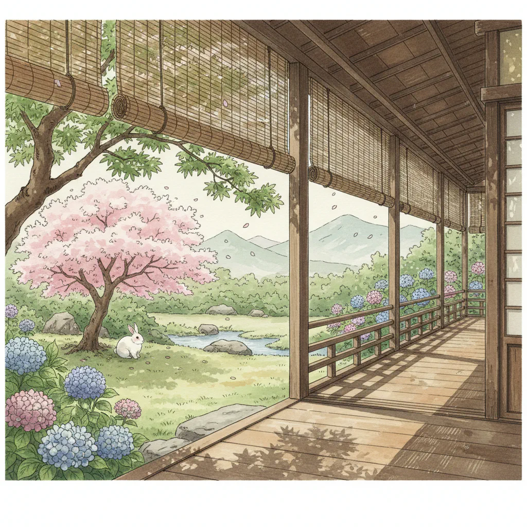 淡い光に包まれた縁側の静かな情景