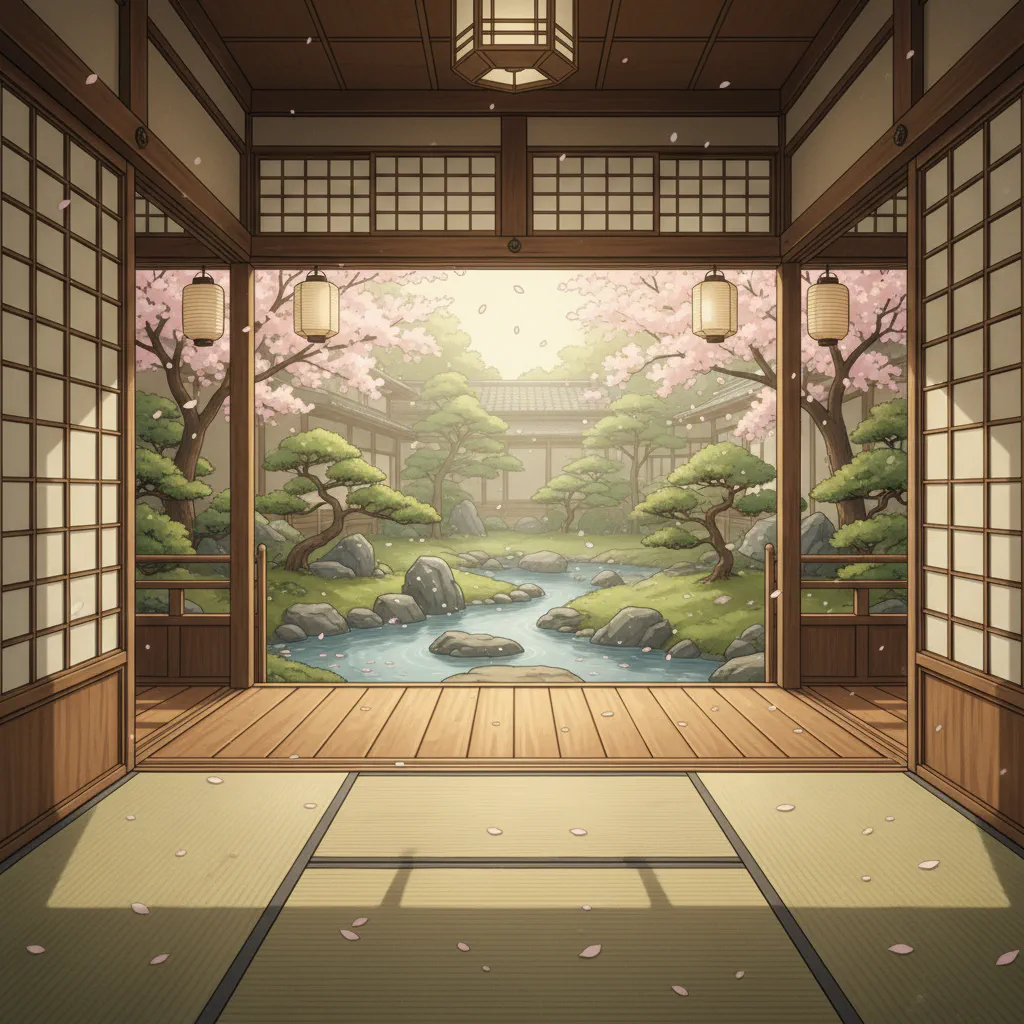 柔らかな光に包まれた縁側の静かな情景。