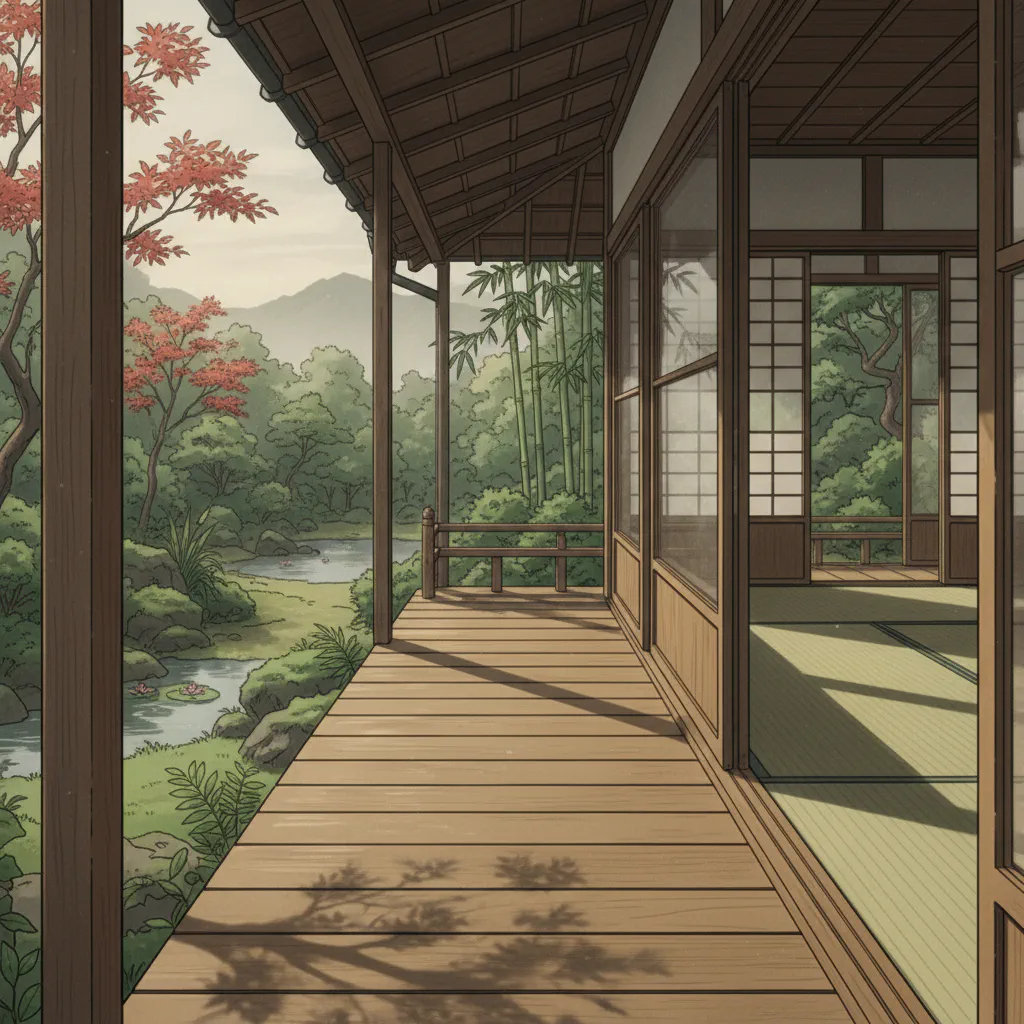 穏やかな縁側に差し込むやわらかな光の情景