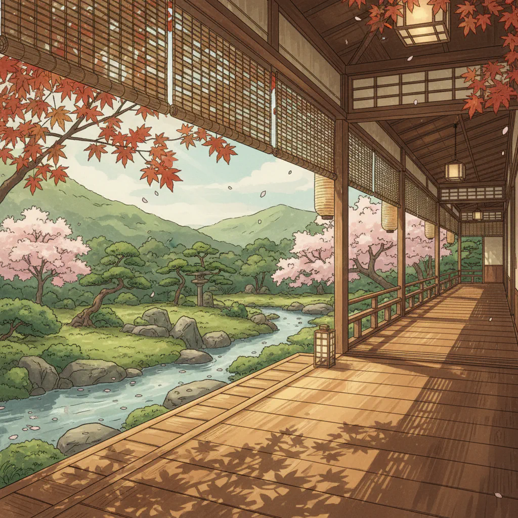 明るい日差しが差し込む縁側の静かな情景