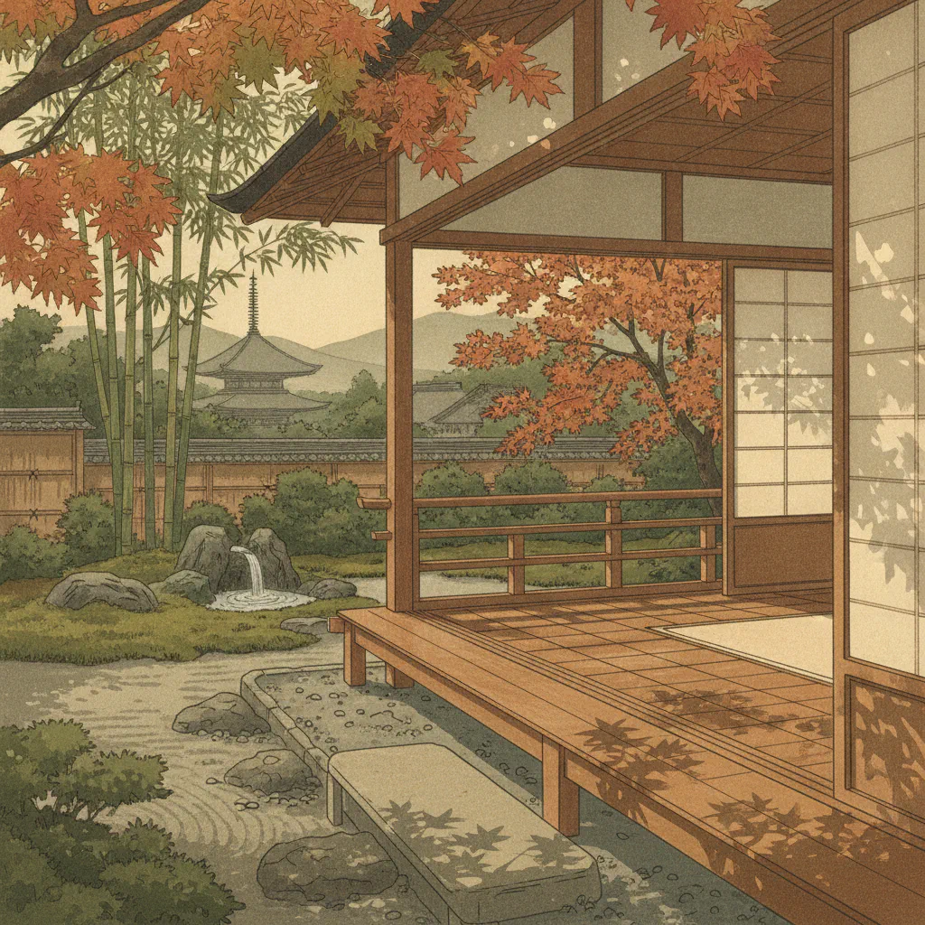 静かな夏の縁側。木漏れ日が優しく差し込み、心が和む風景。