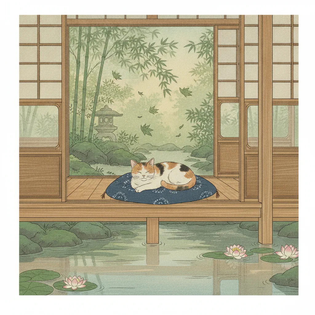 夏の縁側で穏やかに過ごす猫の景色。