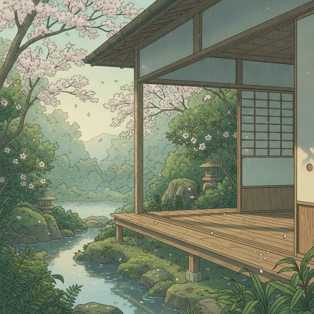 縁側に差し込む柔らかな光と静かな風の情景