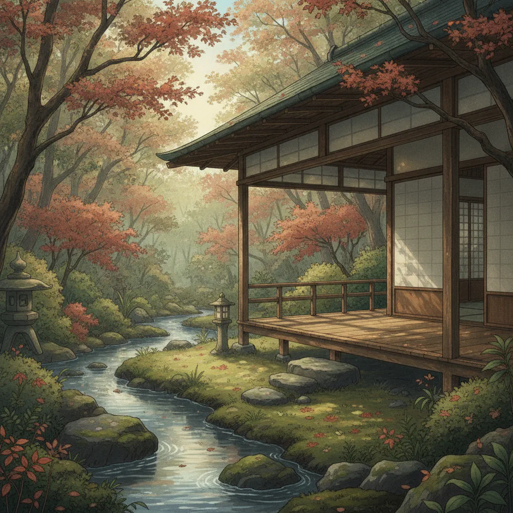 柔らかな光が差し込む静かな縁側。猫が寄り添う光景。