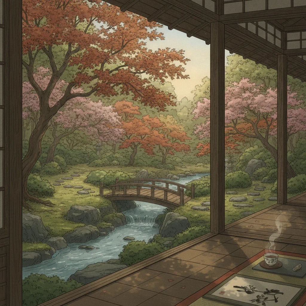 夏の朝、静かな縁側を背景に鳥のさえずりと柔らかな光が漂う情景。