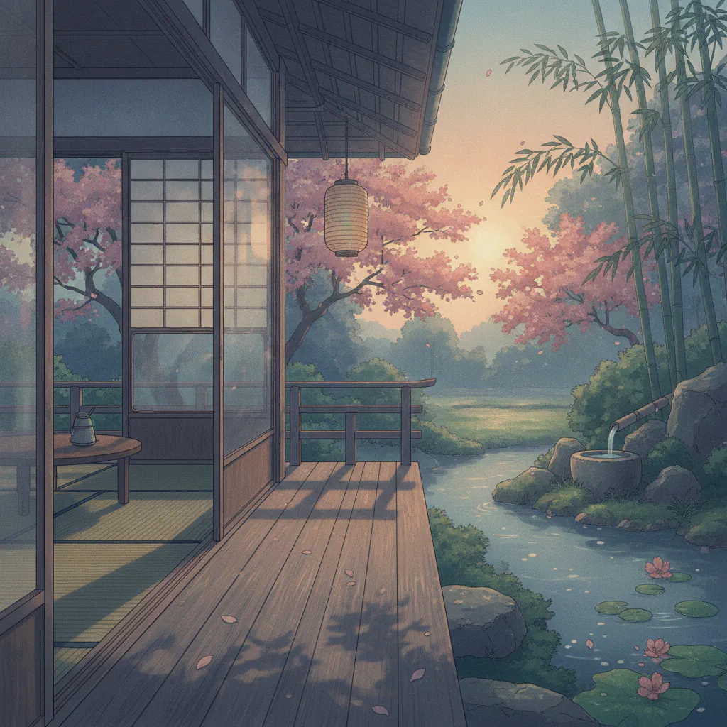 白露の縁側に柔らかな光が差し込む風景
