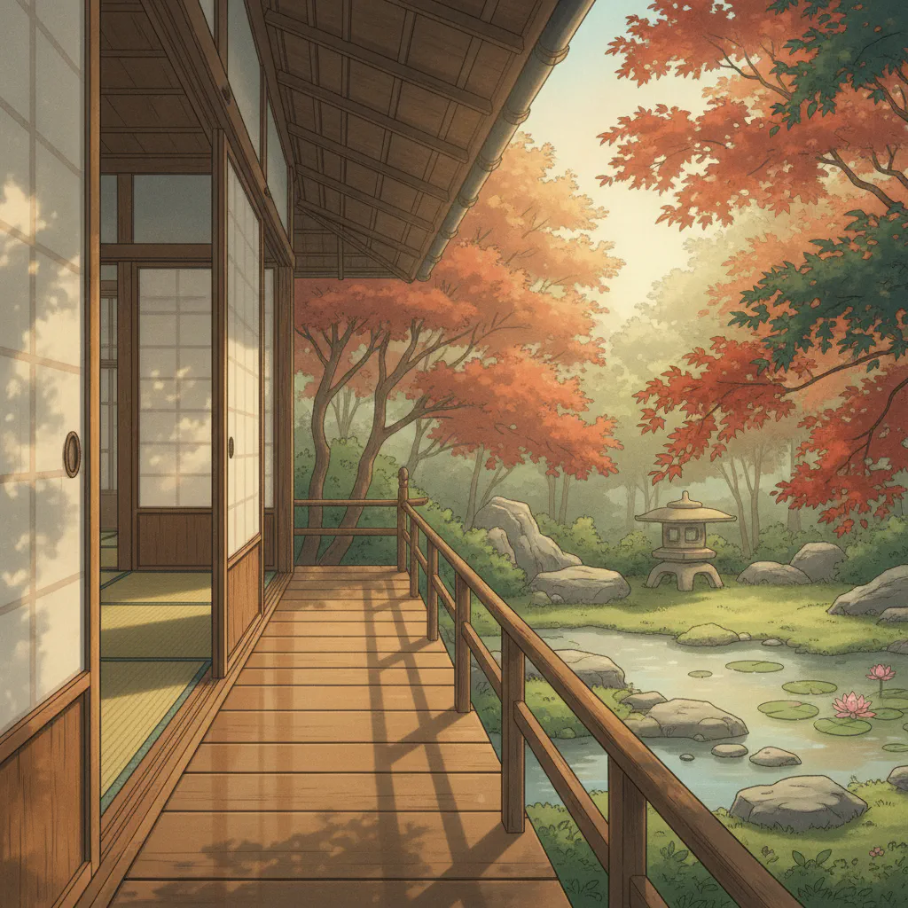 静かな縁側の風景。穏やかな光が差し込み、静けさが漂う。