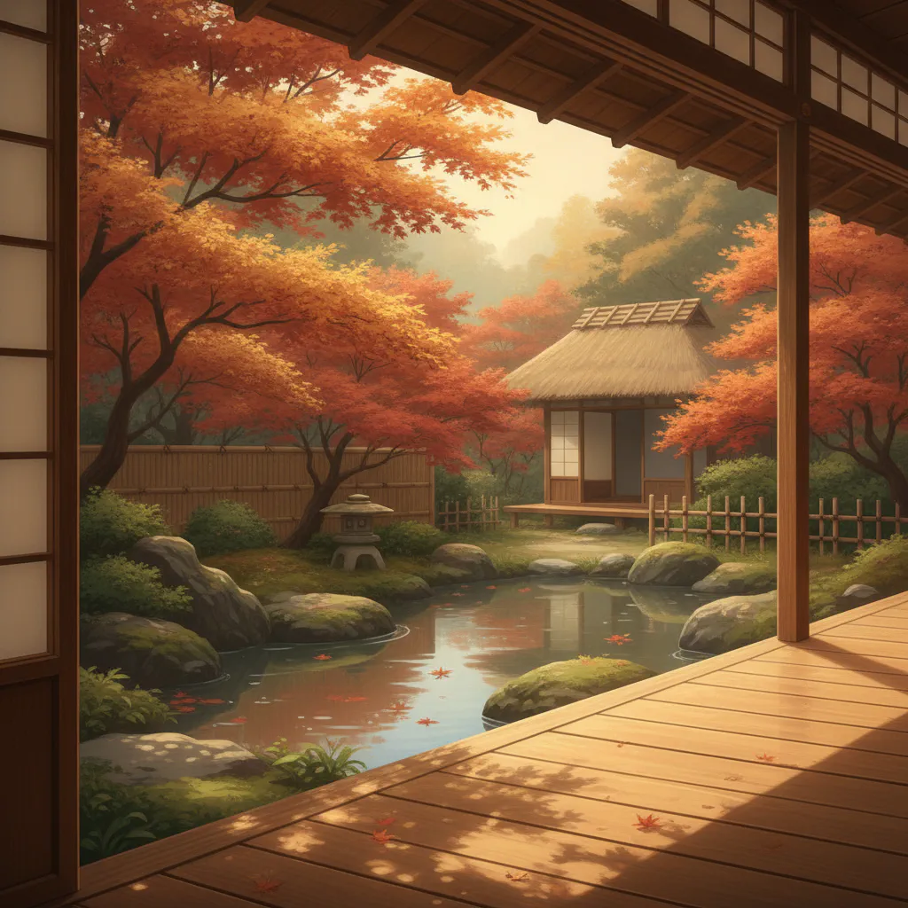秋の日差しがやわらかく差し込む縁側で、猫がひなたぼっこをしている情景。