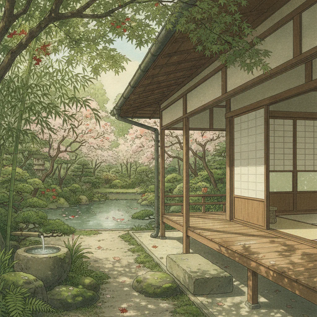 静かな縁側に差し込む木漏れ日の情景。