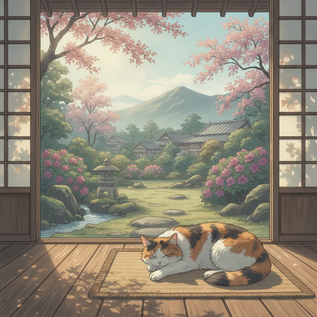 静かな縁側でくつろぐ猫と柔らかな光の情景