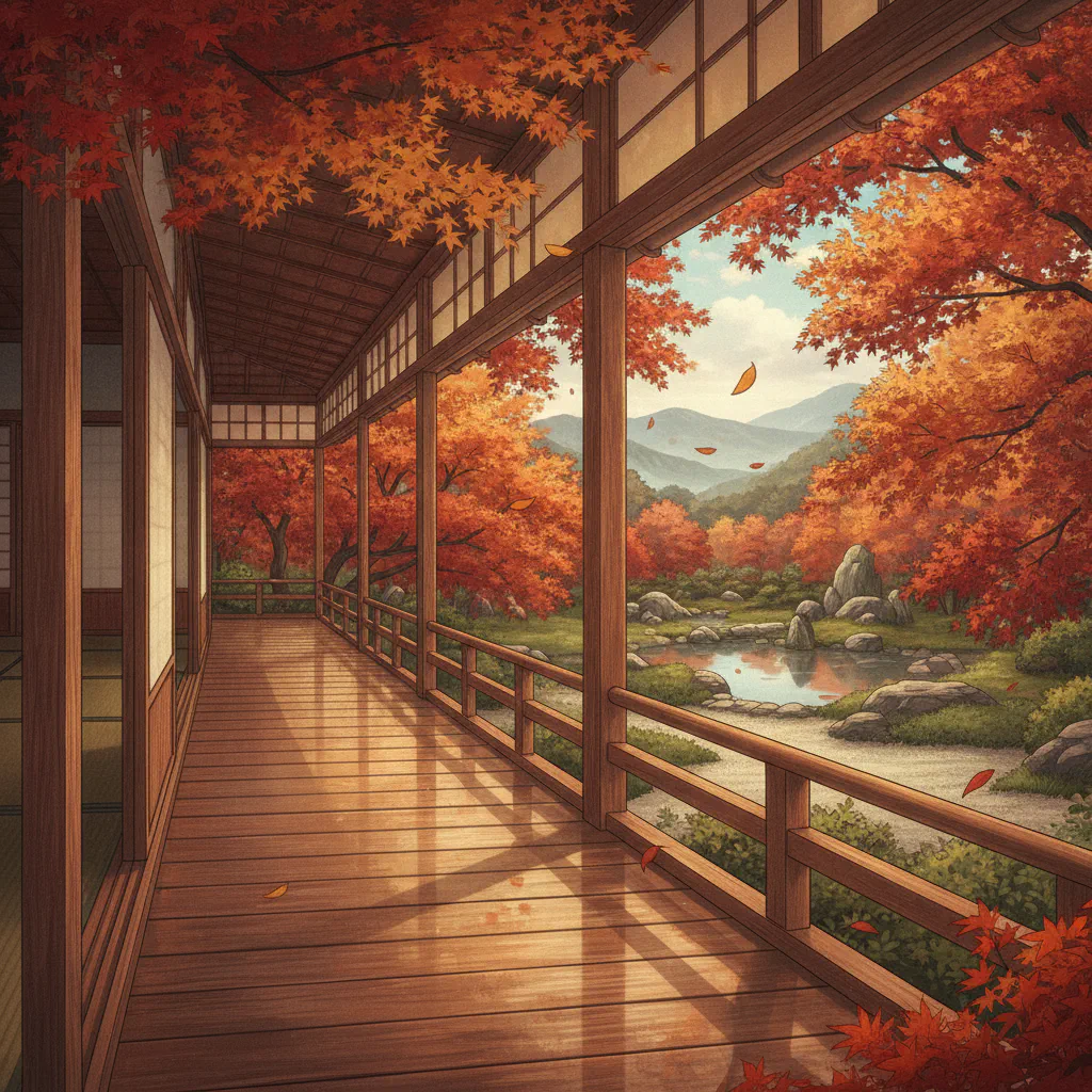 秋の葉を背景にした静かな縁側の風景