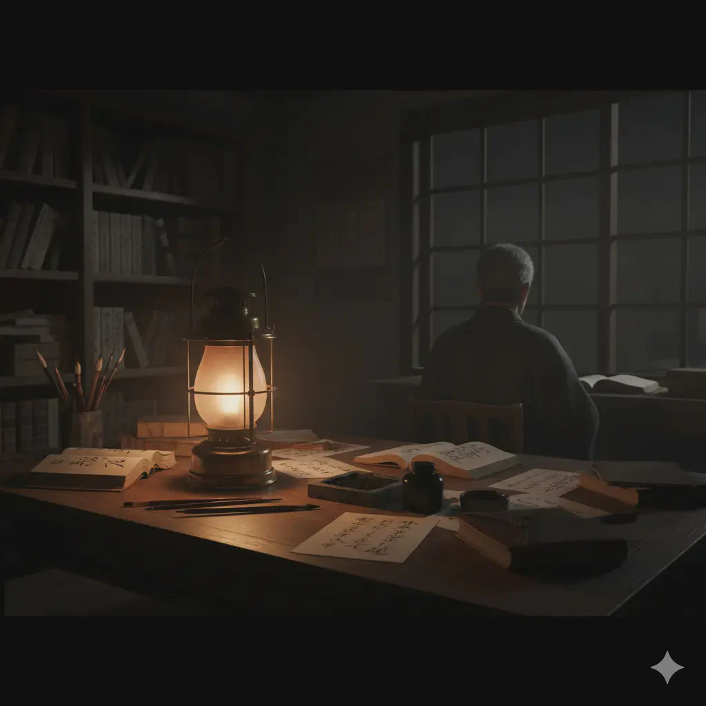 灯りのそばで構文を見つめる書院の情景