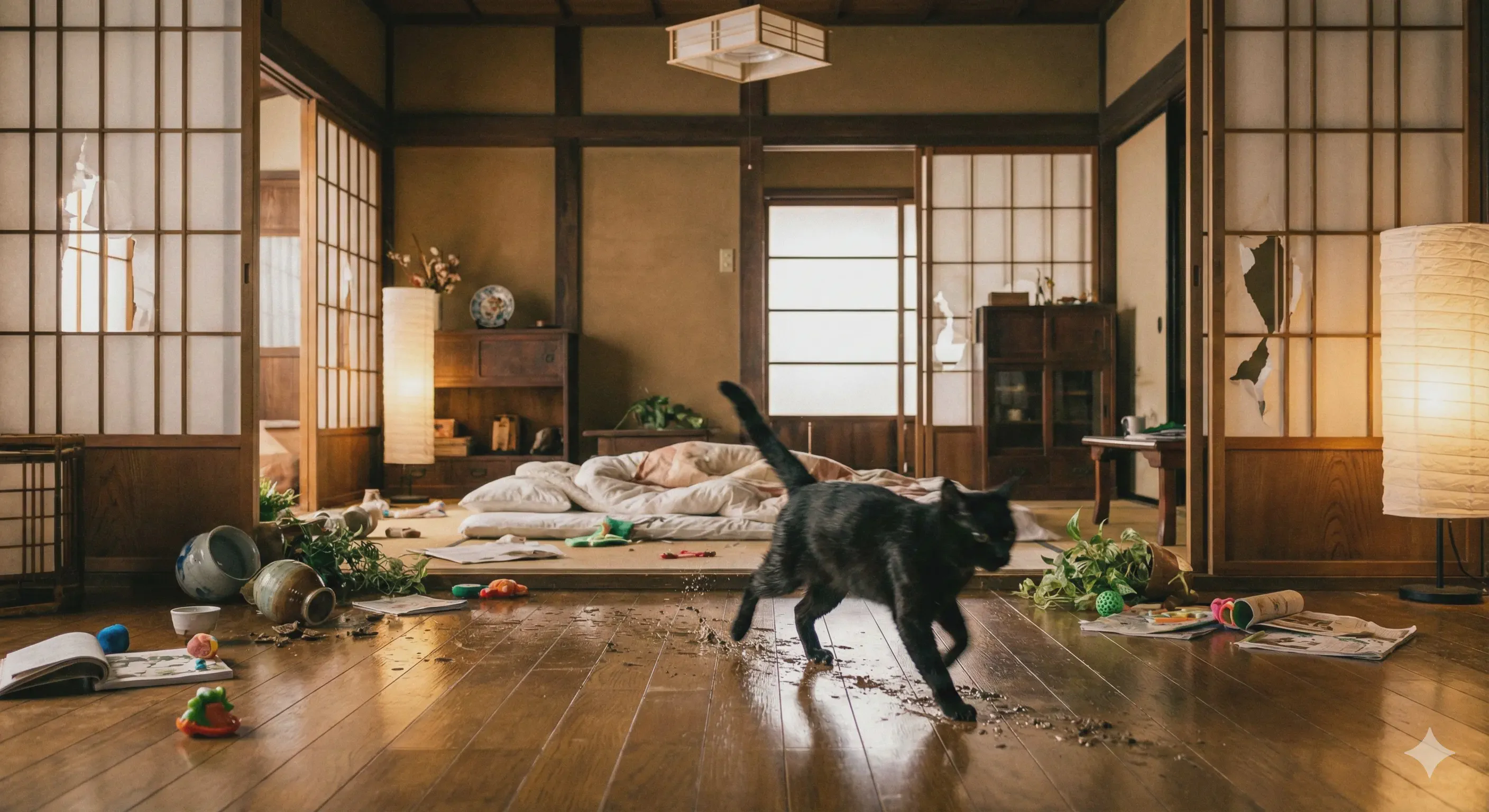 風呂に落ちて濡れた黒猫が走り回る様子