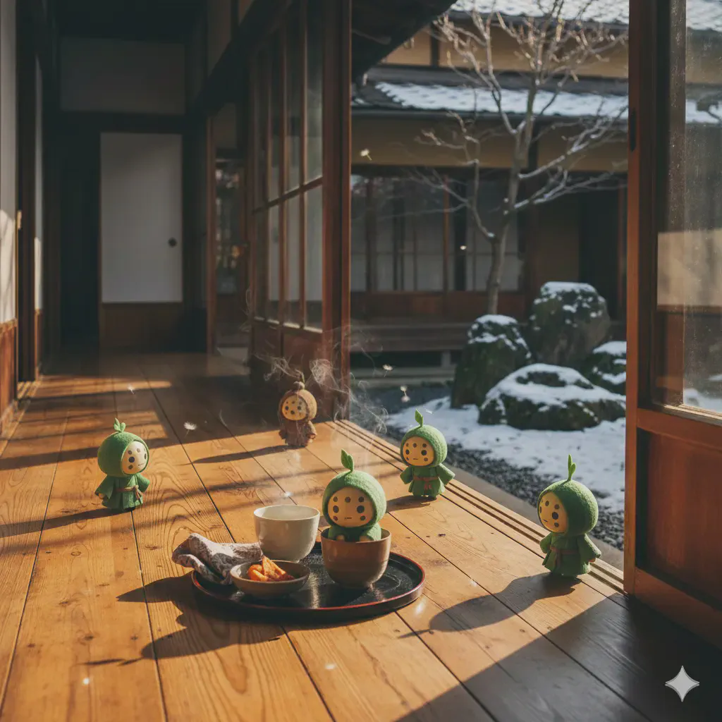 冬の光の中、穏やかな縁側で茶を前に語らう気配