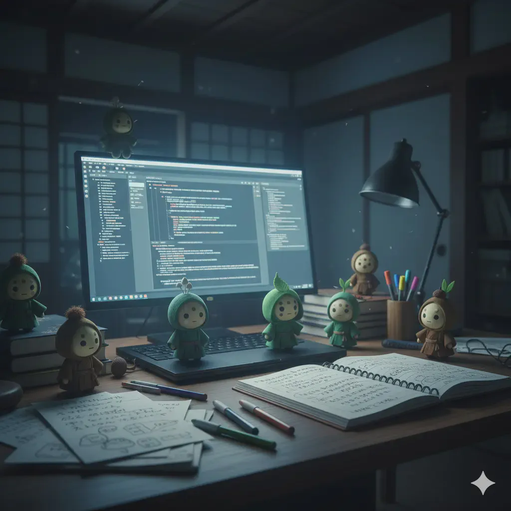 夜の机に広がるノートとキーボード。モニターの光だけが手元を照らし、静かな作業の気配が漂っている。