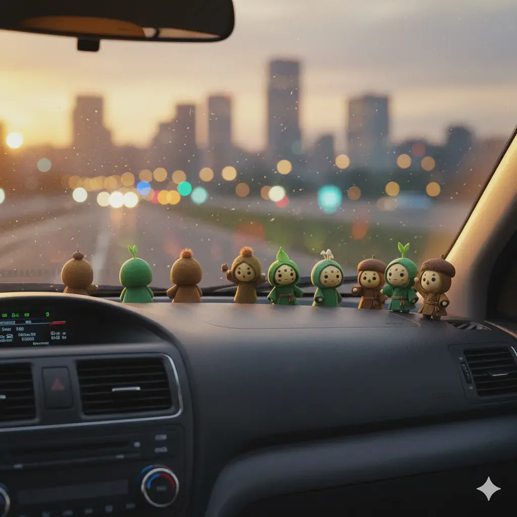 夕暮れの車内から眺める柔らかな街の光。学びの帰り道の静かな余韻を映した風景。