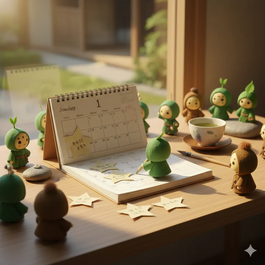 星のメモと予定表をひらいた机のうえに、小さな妖が静かに印をつけている情景。