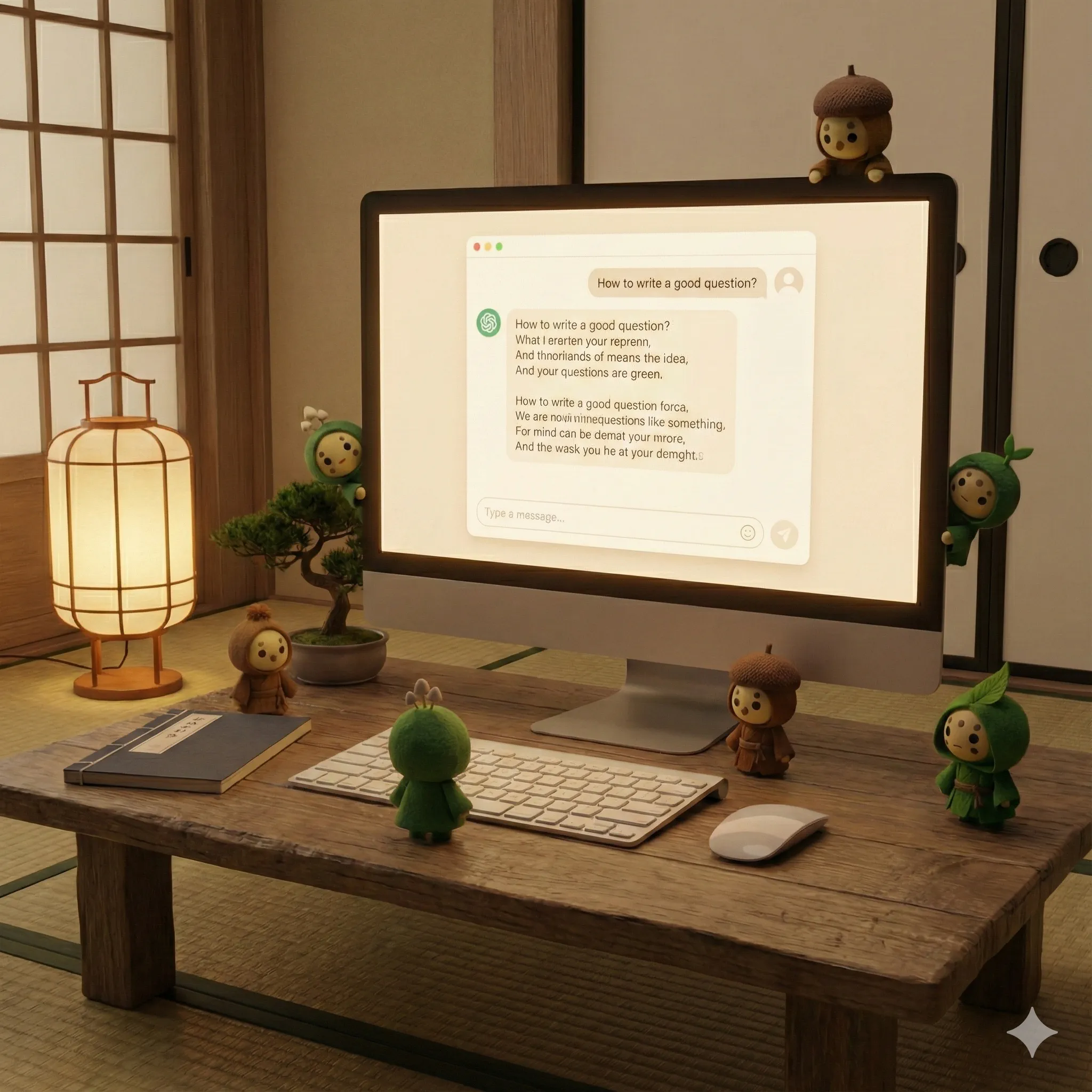 静かな机の上で、AIとの会話窓だけが柔らかく光り、思考の余白を照らしているイメージ。