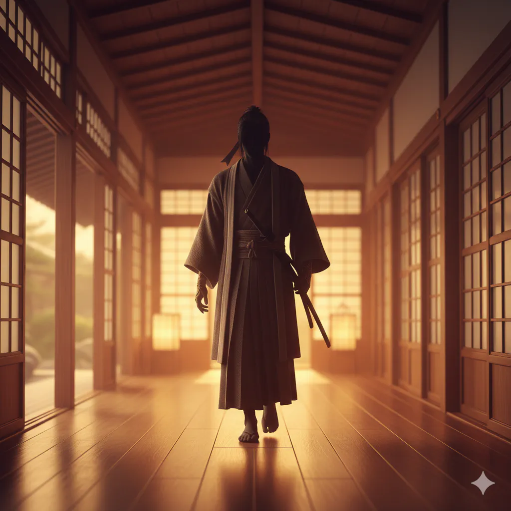 屋敷の廊下を歩きながら、間をまたいでしまうような情景。柔らかな光と静かな気配。