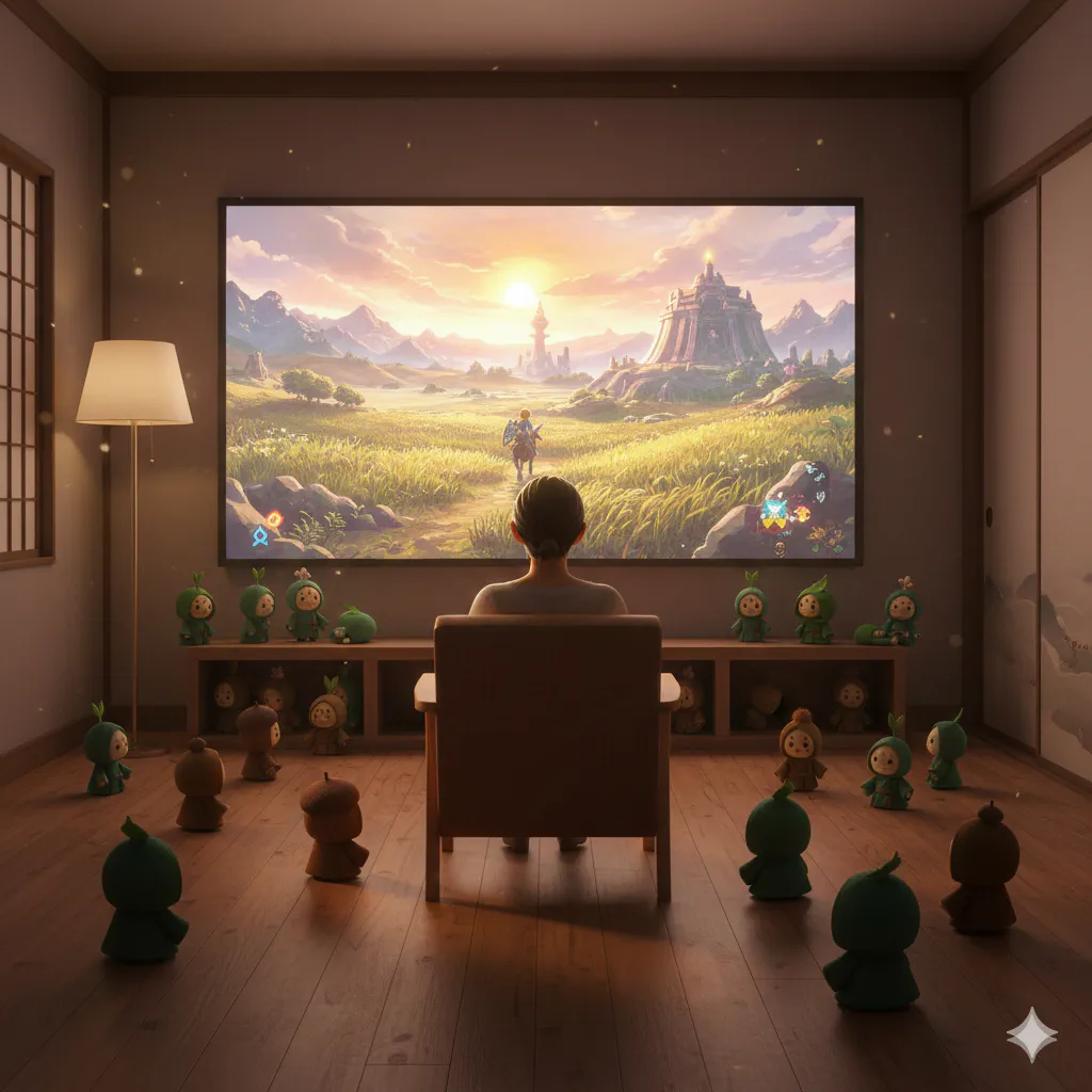 ゲームの世界を眺めながら放浪するリンクの背中を想像させる情景